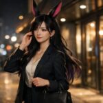 面接に向かうウィメンズ魔王。夜の街でスーツ姿の女性がバッグを持ち、落ち着いた表情で歩いている横長ポートレート Wide portrait of Womens Maoh heading to an interview, wearing a suit and walking confidently through the city at night