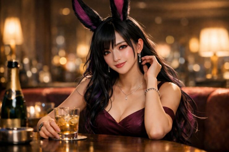 ウィメンズ魔王がキャバクラのラウンジ席で、グラスに手を添えながら柔らかく微笑む横長ポートレート。長い兎耳、黒紫グラデ髪、赤紫の瞳、ボトルとランプのボケ背景。 A horizontal portrait of Womens Maoh at a cabaret club lounge table, smiling softly with a hand near a drink glass. Long rabbit ears, black-purple gradient hair, red-violet eyes, with bottle silhouettes and warm lamp bokeh in the background.