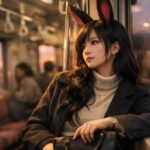 キャバの適性について夕方の電車内で静かに考え込む私服姿のウィメンズ魔王が、車窓の夕焼けを見つめる横長ポートレート A horizontal photoreal portrait of the female Maoh in casual clothes on an evening commuter train, gazing out at the sunset and quietly thinking about her future work choices