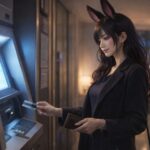 ナイトワークの給料を確認するために夜のATM前に立ち、カードと財布を手に残高を見つめるウィメンズ魔王の横長フォトリアルポートレート A horizontal photoreal portrait of the female Maoh standing at an ATM at night, holding her card and wallet as she checks her nightwork pay with the screen glow on her face