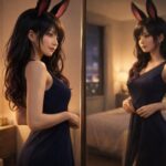 会員制クラブの初出勤前夜、自宅の寝室でネイビードレスを試着しながら全身ミラーの前で静かに気持ちを整えるウィメンズ魔王の横長ポートレート A horizontal photoreal portrait of the female Maoh at home the night before her first shift at a members only high end club, trying on a navy dress in her bedroom and adjusting the waist as she studies herself in a full length mirror