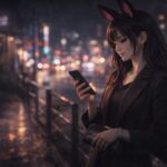 夜の雨上がりの歩道で手すりにもたれながらスマホ画面を見つめる黒いコートとワンピース姿のウィメンズ魔王が、黒紫グラデの長い髪とウサ耳を揺らしつつ、濡れた路面に映るネオンと車のライトのボケを背に退勤後の辞め時を考えている横長フォトリアルポートレート A horizontal photoreal portrait of the female Maoh after a night shift, standing by a railing on a rain-slicked city sidewalk in a dark coat and dress, long black-to-purple gradient hair and rabbit ears, looking down at her smartphone while neon signs and car lights blur and reflect on the wet pavement behind her, thinking about when to quit nightwork