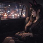 夜の市街地を走る車の後部座席でシートベルトを締め、黒紫グラデの長い髪とウサ耳を揺らしながら窓の外の街灯りを見つめるウィメンズ魔王の横長フォトリアルポートレート A horizontal photoreal portrait of the female Maoh in the back seat of a car at night, wearing a dark coat with seatbelt on, long black to purple gradient hair and rabbit ears, quietly looking out at the blurred city lights through the window