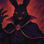 黒いウサギの獣人姿をした魔王が、炎のような背景を背に笑みを浮かべる幻想的なイラスト