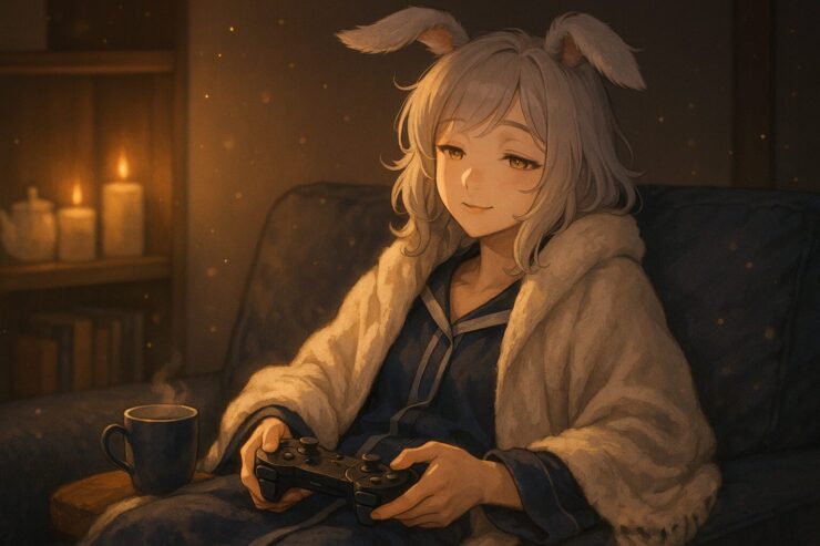 毛布を羽織ってソファでゲームを楽しむ、包容的な女性の魔王の姿