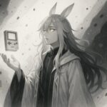 記憶の断片とともに古いゲーム機を浮かべる中性的な魔王の幻想的なビジュアル