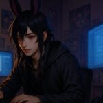 夜のオタク部屋で青く光るモニターを見つめる黒紫の長髪と兎耳を持つ青年魔王キャラクターがキーボードに手を置いている様子 Young male demon king with long black purple hair and rabbit ears typing at a keyboard, lit by dual monitors in a dim otaku room at night